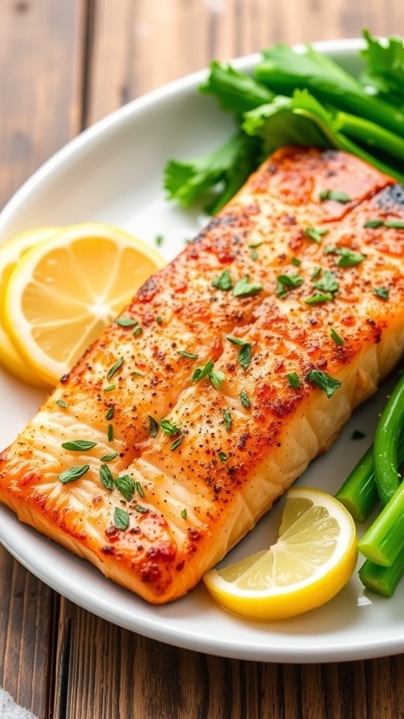 Air fryer salmon fillet garnished with herbs and lemon on a white plate with green vegetables.